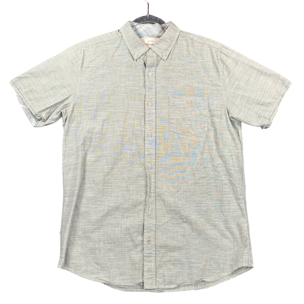 Weatherproof Vintage Mens Medium Short Sleeve Button Down‎ Shirt Green Slub